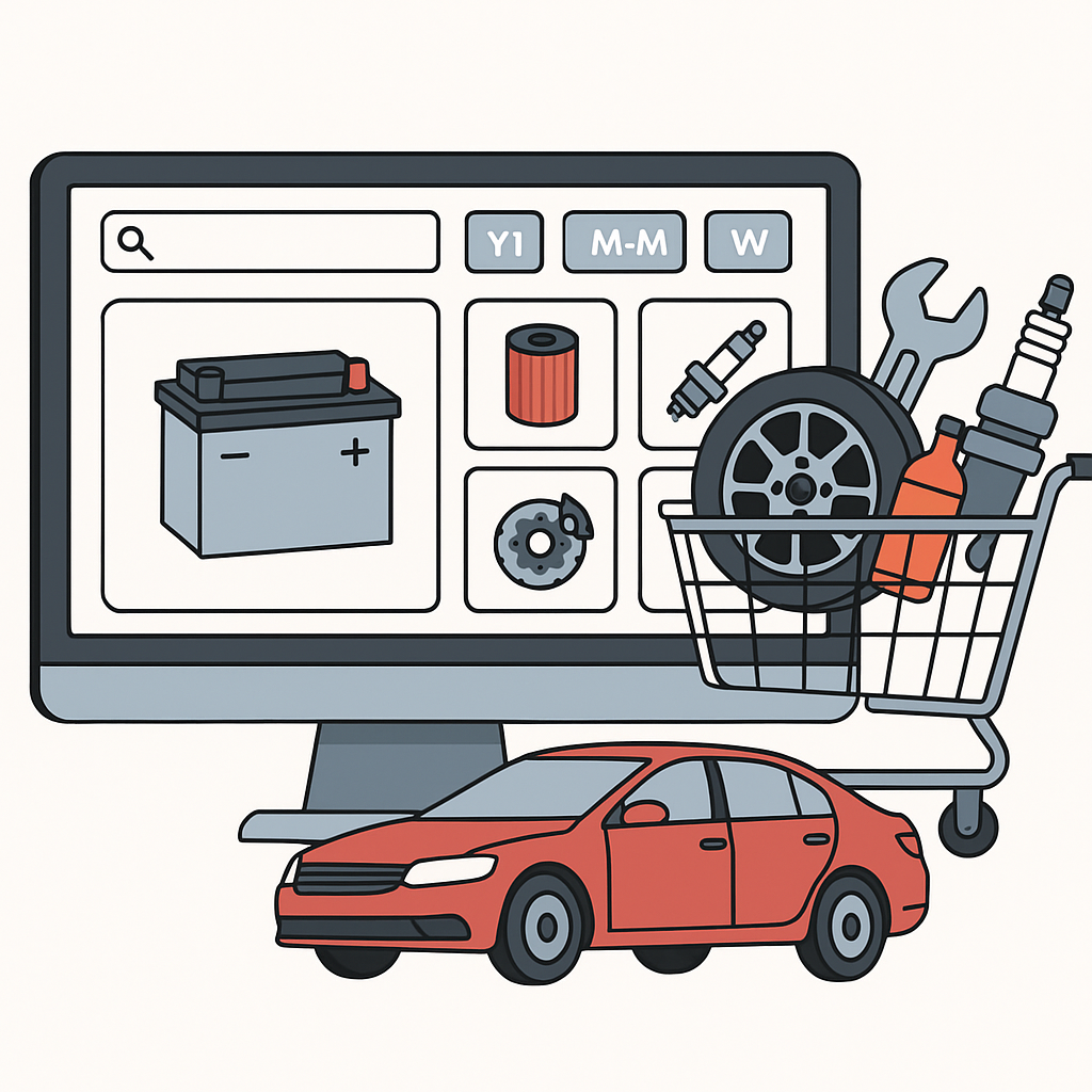 Auto Parts Ecommerce Platform showing vehicle fitment search, product catalog, and shopping cart with automotive parts